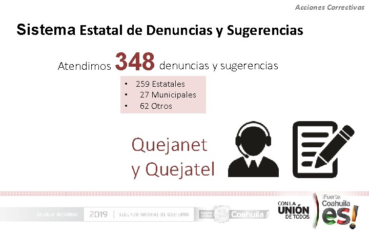 Acciones Correctivas Sistema Estatal de Denuncias y Sugerencias Atendimos 348 denuncias y sugerencias •