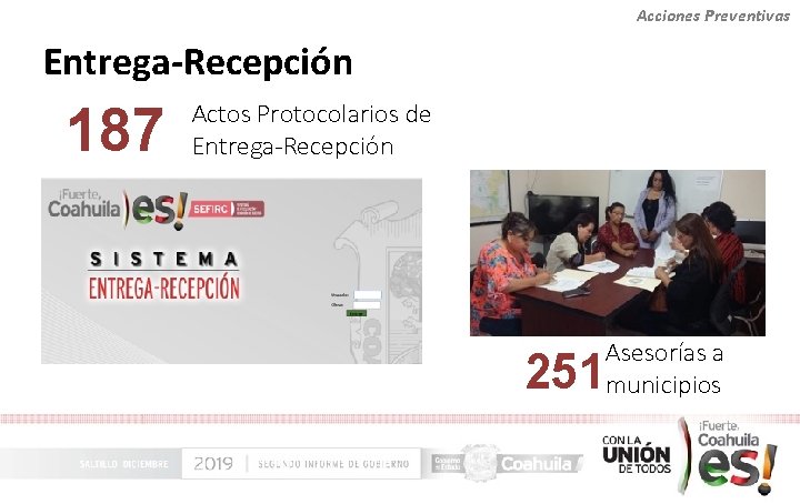Acciones Preventivas Entrega-Recepción 187 Actos Protocolarios de Entrega-Recepción 251 Asesorías a municipios 