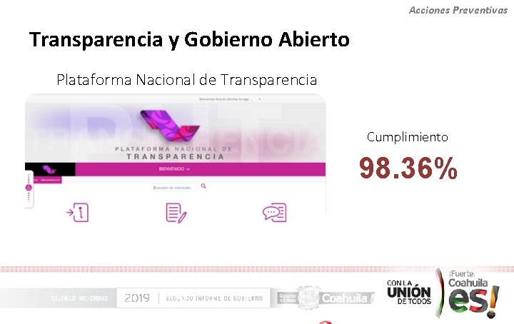 Acciones Preventivas Transparencia y Gobierno Abierto Plataforma Nacional de Transparencia Cumplimiento 98. 36% 
