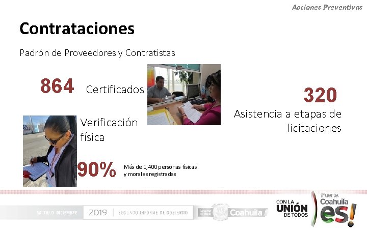 Acciones Preventivas Contrataciones Padrón de Proveedores y Contratistas 864 Certificados Verificación física 90% Más