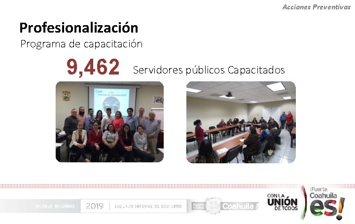 Acciones Preventivas Profesionalización Programa de capacitación 9, 462 Servidores públicos Capacitados 