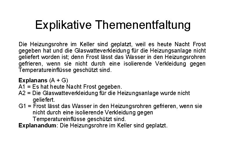 Explikative Themenentfaltung Die Heizungsrohre im Keller sind geplatzt, weil es heute Nacht Frost gegeben