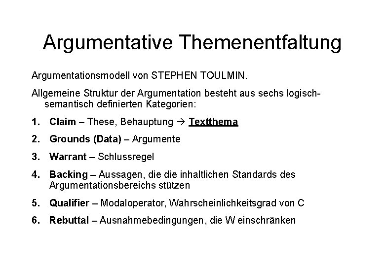 Argumentative Themenentfaltung Argumentationsmodell von STEPHEN TOULMIN. Allgemeine Struktur der Argumentation besteht aus sechs logischsemantisch