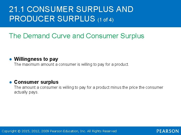 21. 1 CONSUMER SURPLUS AND PRODUCER SURPLUS (1 of 4) The Demand Curve and