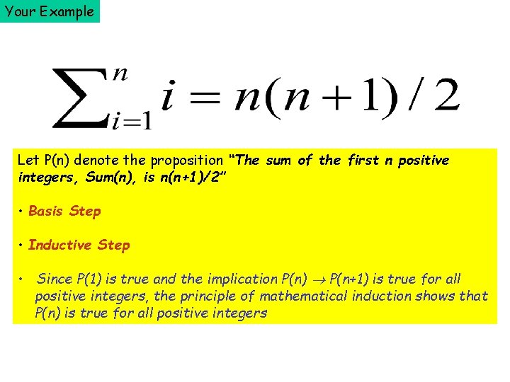 Your Example Let P(n) denote the proposition “The sum of the first n positive
