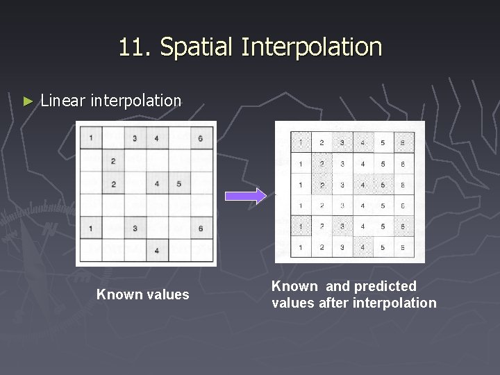 11. Spatial Interpolation ► Linear interpolation Known values Known and predicted values after interpolation