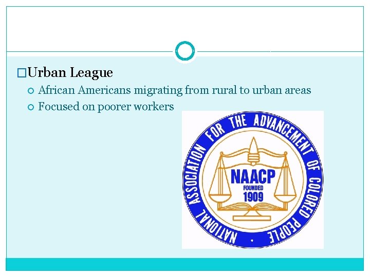 �Urban League African Americans migrating from rural to urban areas Focused on poorer workers