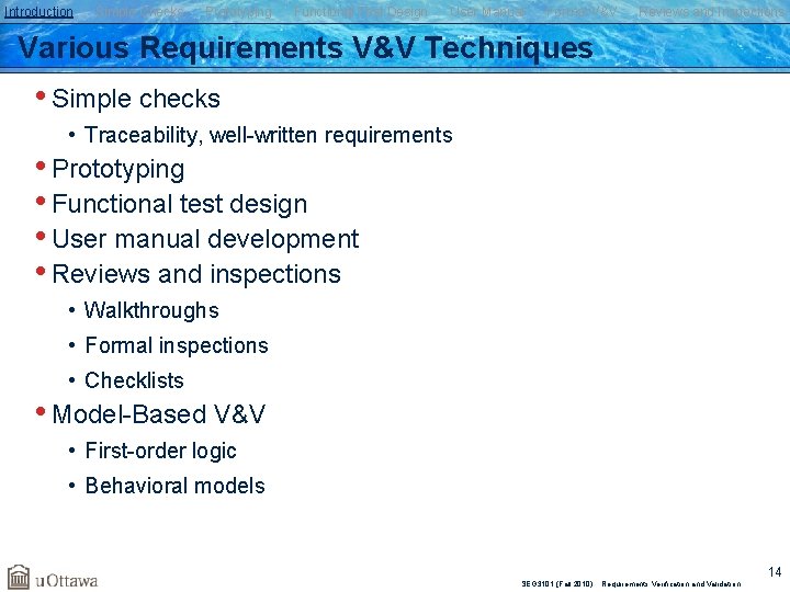 Introduction Simple Checks Prototyping Functional Test Design User Manual Formal V&V Reviews and Inspections