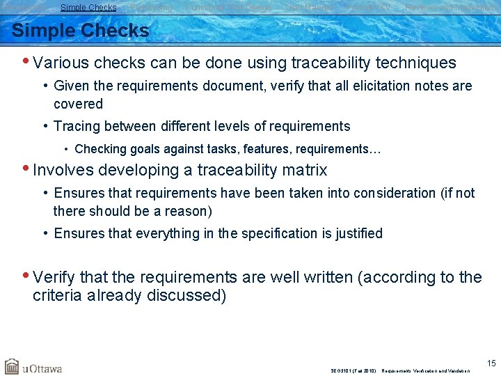 Introduction Simple Checks Prototyping Functional Test Design User Manual Formal V&V Reviews and Inspections