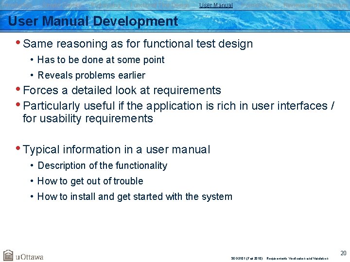 Introduction Simple Checks Prototyping Functional Test Design User Manual Formal V&V Reviews and Inspections