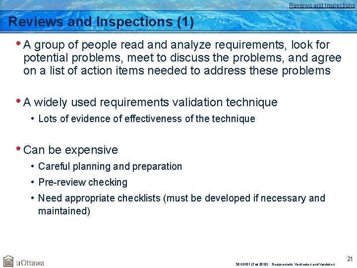 Introduction Simple Checks Prototyping Functional Test Design User Manual Formal V&V Reviews and Inspections