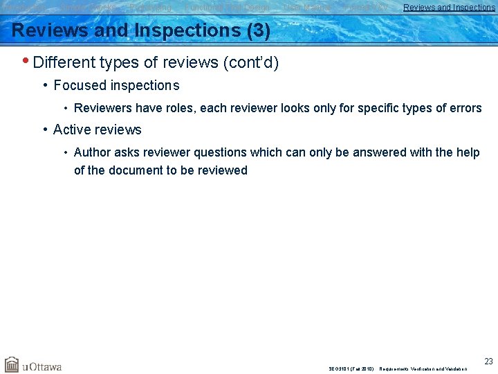 Introduction Simple Checks Prototyping Functional Test Design User Manual Formal V&V Reviews and Inspections