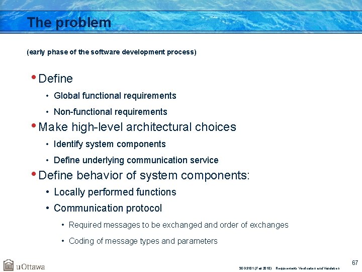 The problem (early phase of the software development process) • Define • Global functional