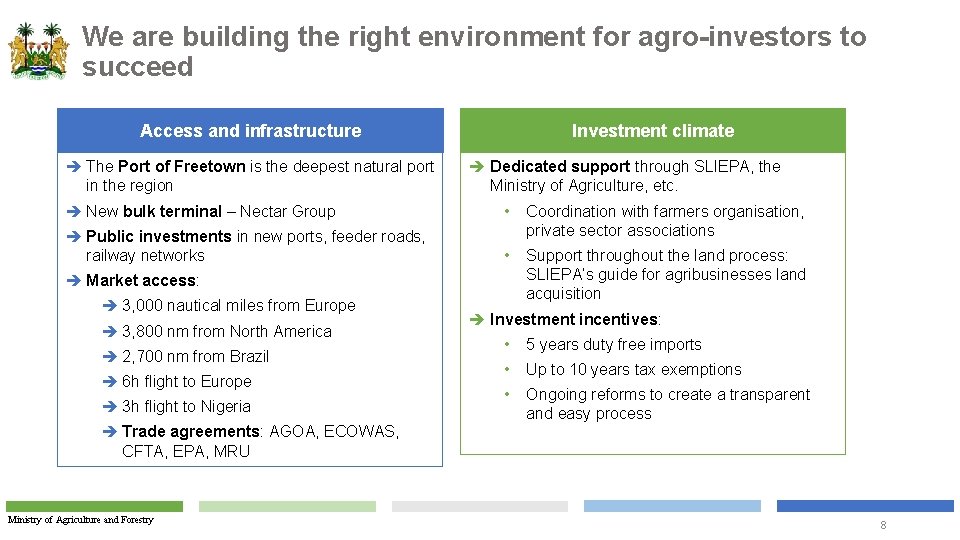 We are building the right environment for agro-investors to succeed Access and infrastructure è