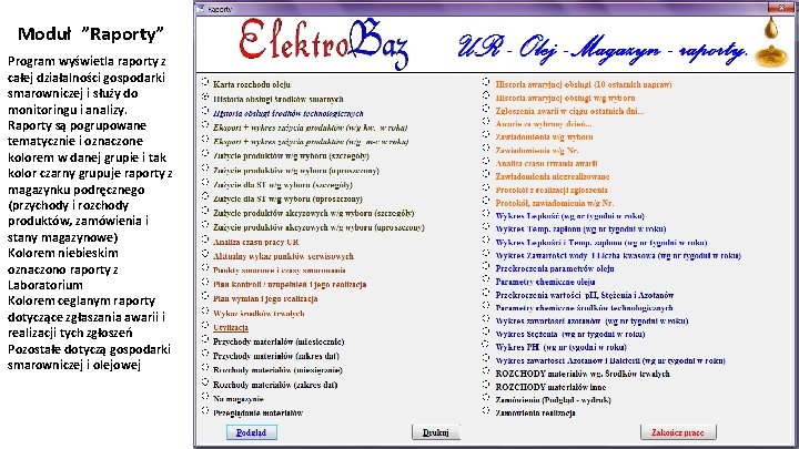 Moduł ”Raporty” Program wyświetla raporty z całej działalności gospodarki smarowniczej i służy do monitoringu