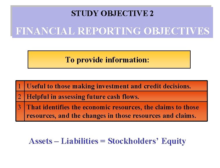 STUDY OBJECTIVE 2  FINANCIAL REPORTING OBJECTIVES To provide information: 1 Useful to those