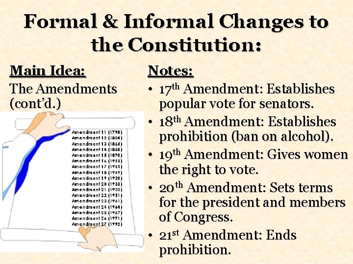 Formal & Informal Changes to the Constitution: Main Idea: The Amendments (cont’d. ) Notes: