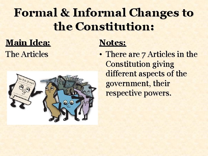 Formal & Informal Changes to the Constitution: Main Idea: The Articles Notes: • There