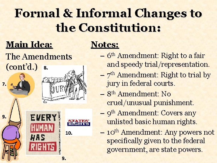 Formal & Informal Changes to the Constitution: Main Idea: The Amendments (cont’d. ) 8.