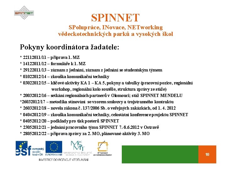 SPINNET SPolupráce, INovace, NETworking vědeckotechnických parků a vysokých škol Pokyny koordinátora žadatele: * 22112011/11