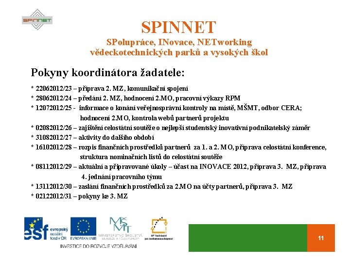 SPINNET SPolupráce, INovace, NETworking vědeckotechnických parků a vysokých škol Pokyny koordinátora žadatele: * 22062012/23