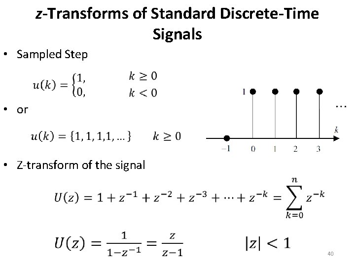 z-Transforms of Standard Discrete-Time Signals • Sampled Step • or • Z-transform of the