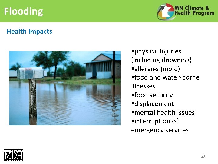 Flooding Health Impacts §physical injuries (including drowning) §allergies (mold) §food and water-borne illnesses §food