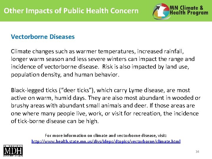 Other Impacts of Public Health Concern Vectorborne Diseases Climate changes such as warmer temperatures,
