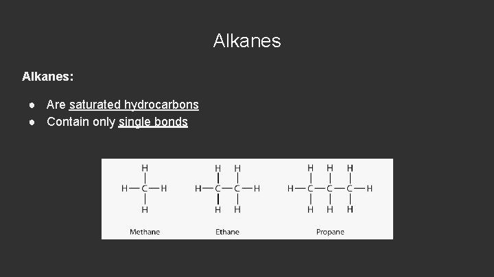 Alkanes: ● Are saturated hydrocarbons ● Contain only single bonds 