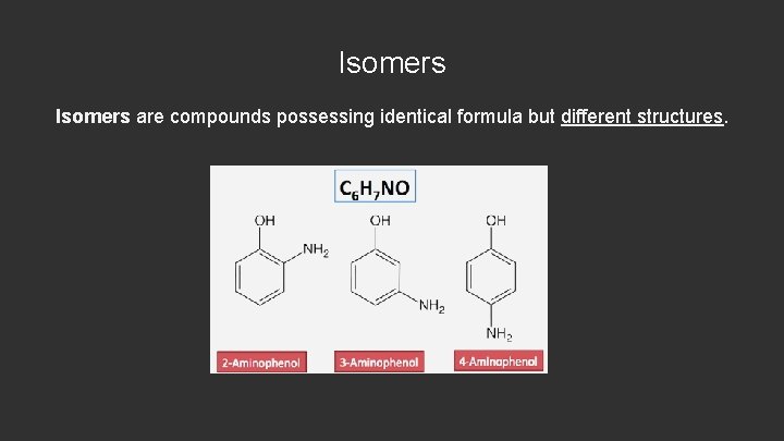 Isomers are compounds possessing identical formula but different structures. 