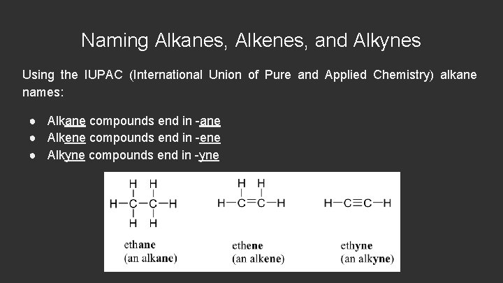 Naming Alkanes, Alkenes, and Alkynes Using the IUPAC (International Union of Pure and Applied