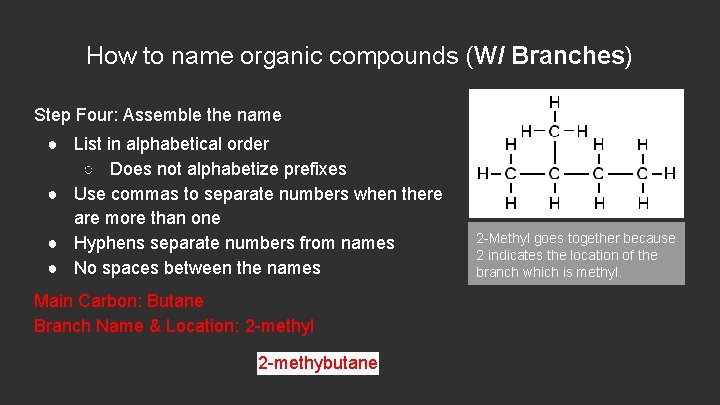 How to name organic compounds (W/ Branches) Step Four: Assemble the name ● List