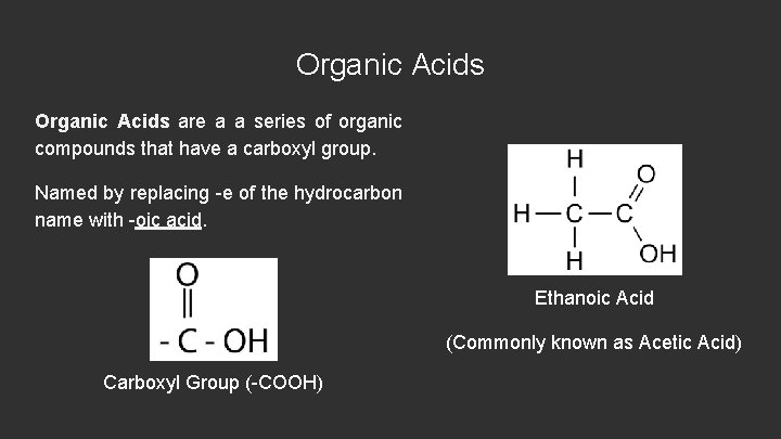 Organic Acids are a a series of organic compounds that have a carboxyl group.