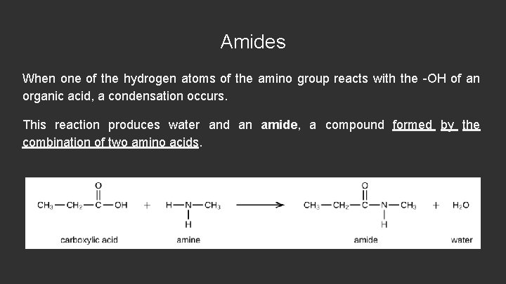 Amides When one of the hydrogen atoms of the amino group reacts with the