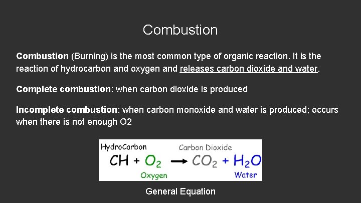 Combustion (Burning) is the most common type of organic reaction. It is the reaction