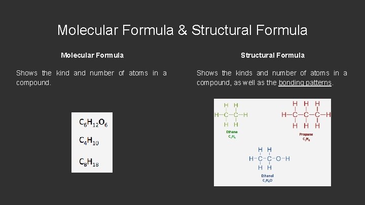 Molecular Formula & Structural Formula Molecular Formula Structural Formula Shows the kind and number