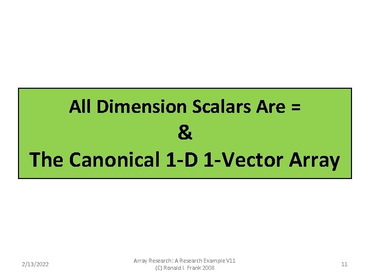 All Dimension Scalars Are = & The Canonical 1 -D 1 -Vector Array 2/13/2022 All Dimension Scalars Are = & The Canonical 1 -D 1 -Vector Array 2/13/2022