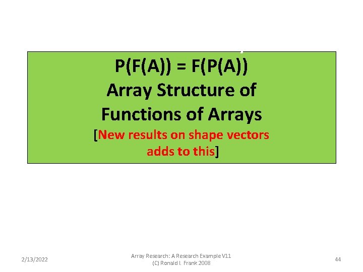 P(F(A)) = F(P(A)) Array Structure of Functions of Arrays [New results on shape vectors P(F(A)) = F(P(A)) Array Structure of Functions of Arrays [New results on shape vectors