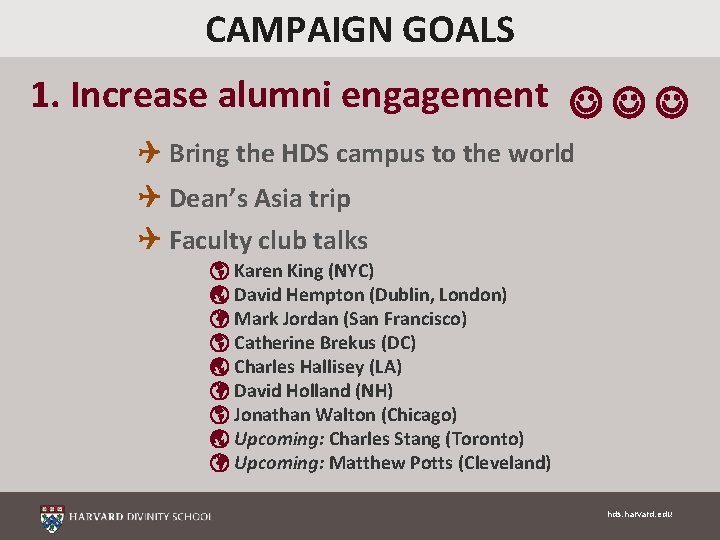 CAMPAIGN GOALS 1. Increase alumni engagement Bring the HDS campus to the world Dean’s