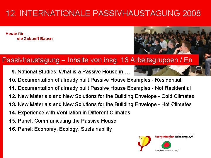 12. INTERNATIONALE PASSIVHAUSTAGUNG 2008 Heute für die Zukunft Bauen mit Passivhaus-Ausstellung Arbeitsgruppen in englischer