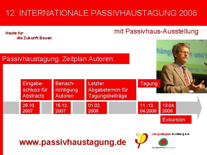 12. INTERNATIONALE PASSIVHAUSTAGUNG 2008 mit Passivhaus-Ausstellung Heute für die Zukunft Bauen Zeitplan 12. Passivhaustagung,