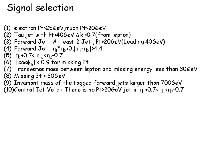 Signal selection (1) electron Pt>25 Ge. V, muon Pt>20 Ge. V (2) Tau jet