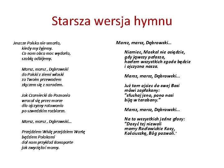 Starsza wersja hymnu Jeszcze Polska nie umarła, kiedy my żyjemy. Co nam obca moc