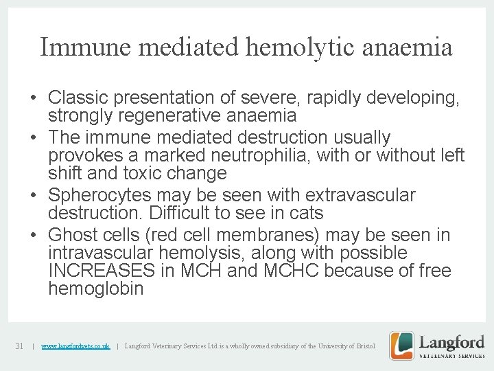 Immune mediated hemolytic anaemia • Classic presentation of severe, rapidly developing, strongly regenerative anaemia