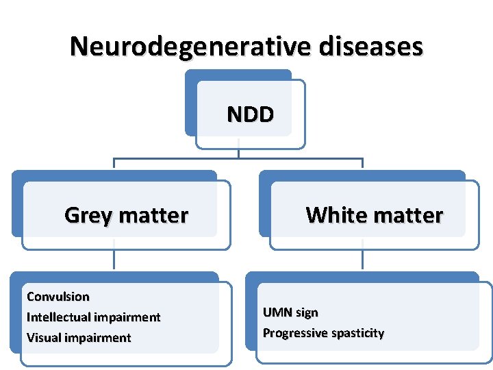 Neurodegenerative diseases NDD Grey matter Convulsion Intellectual impairment Visual impairment White matter UMN sign