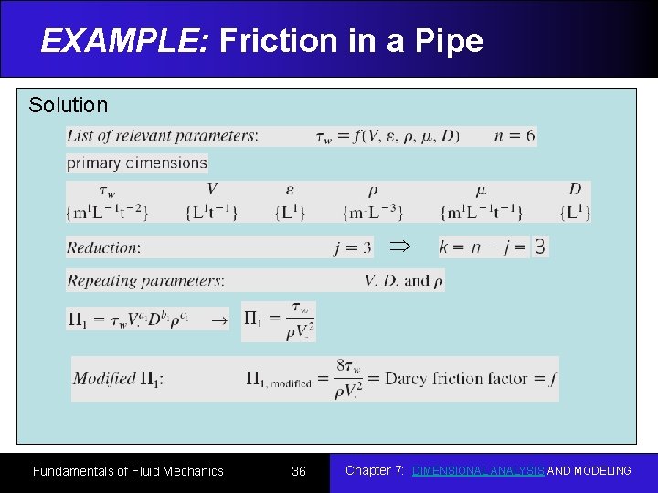 EXAMPLE: Friction in a Pipe Solution Fundamentals of Fluid Mechanics 36 Chapter 7: DIMENSIONAL EXAMPLE: Friction in a Pipe Solution Fundamentals of Fluid Mechanics 36 Chapter 7: DIMENSIONAL