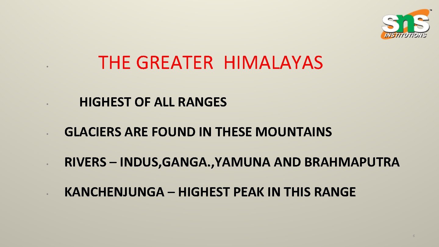  • • THE GREATER HIMALAYAS HIGHEST OF ALL RANGES • GLACIERS ARE FOUND
