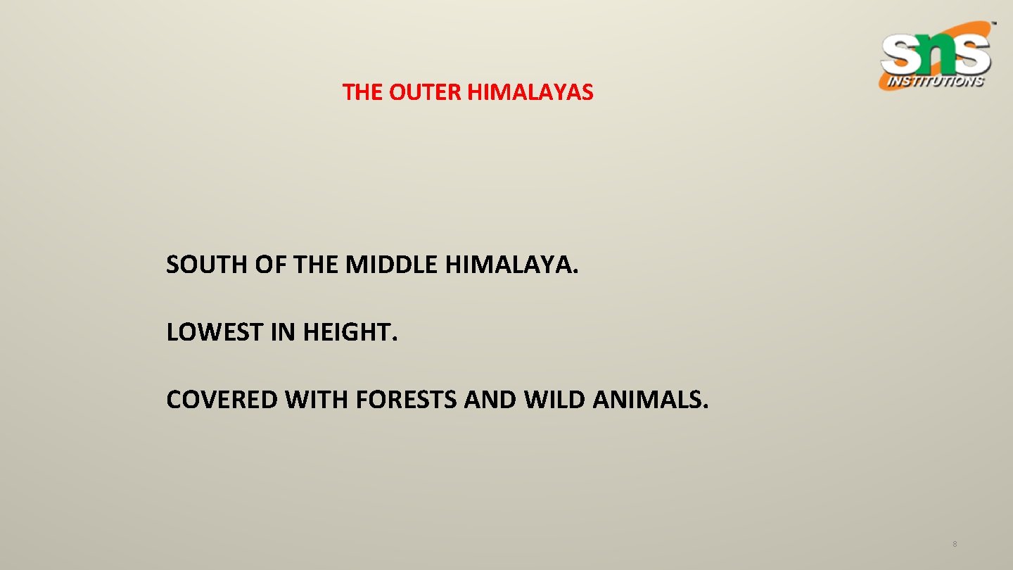 THE OUTER HIMALAYAS SOUTH OF THE MIDDLE HIMALAYA. LOWEST IN HEIGHT. COVERED WITH FORESTS