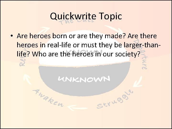 Quickwrite Topic • Are heroes born or are they made? Are there heroes in