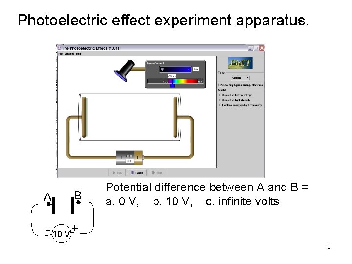 Photoelectric effect experiment apparatus. A B Potential difference between A and B = a.